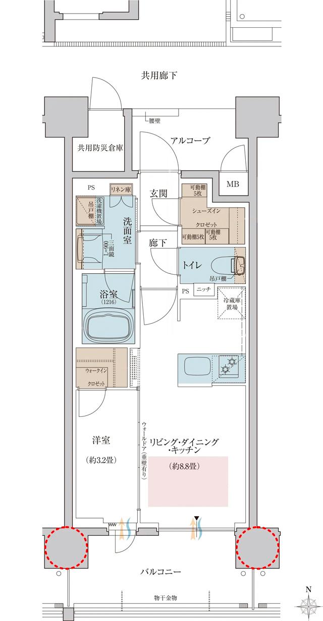 リビオ御堂筋あびこの間取り図　B：1LDK+WIC+SIC