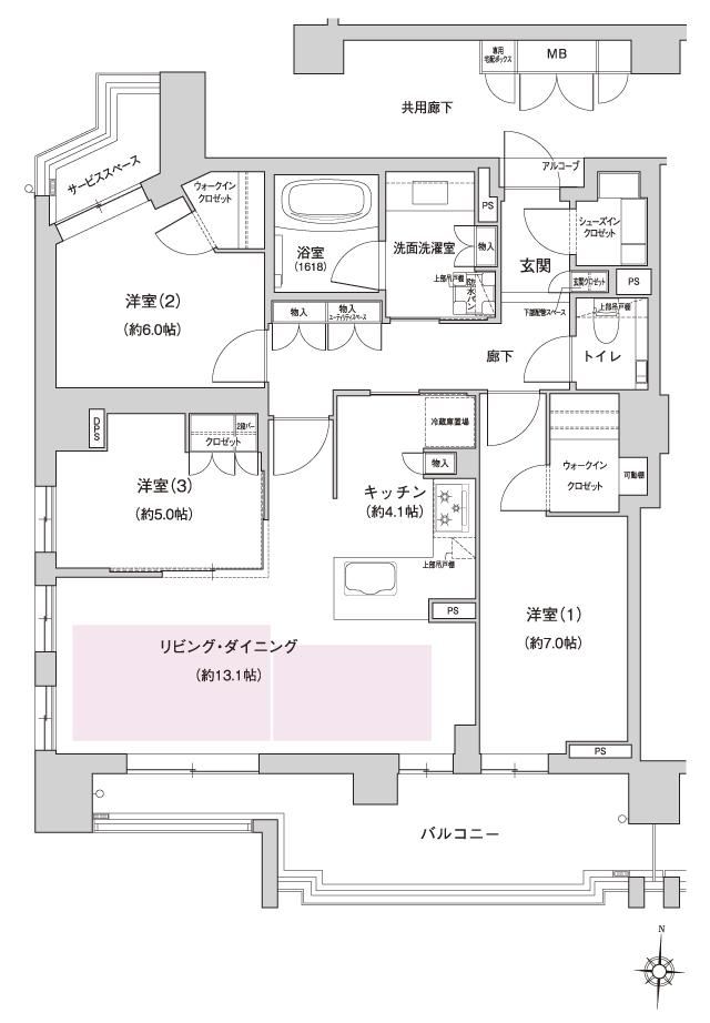 ジオ夙川公園の間取り図　A：3LDK