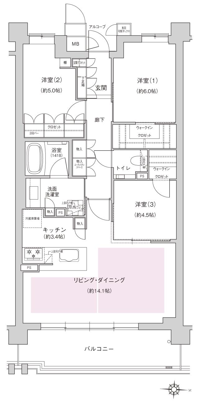 ジオ夙川公園の間取り図　E：3LDK