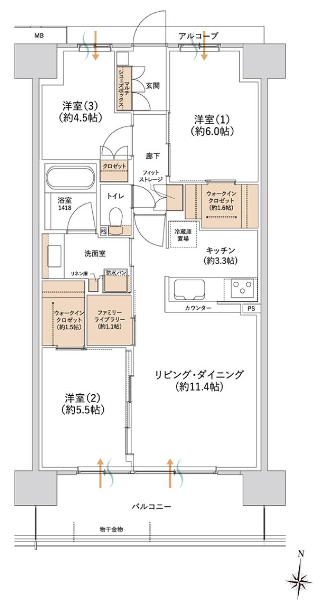 ルネ鴻池新田の間取り図　I：3LDK+2WIC+FL