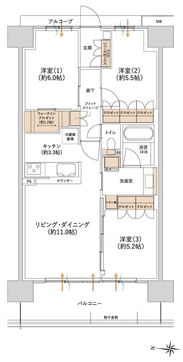 ルネ鴻池新田の間取り図　D1：3LDK+WIC