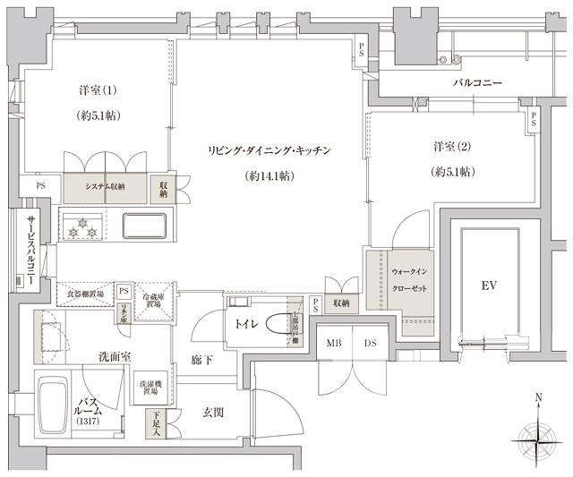 THE RESOCIA 下鴨の間取り図　E：2LDK＋WIC