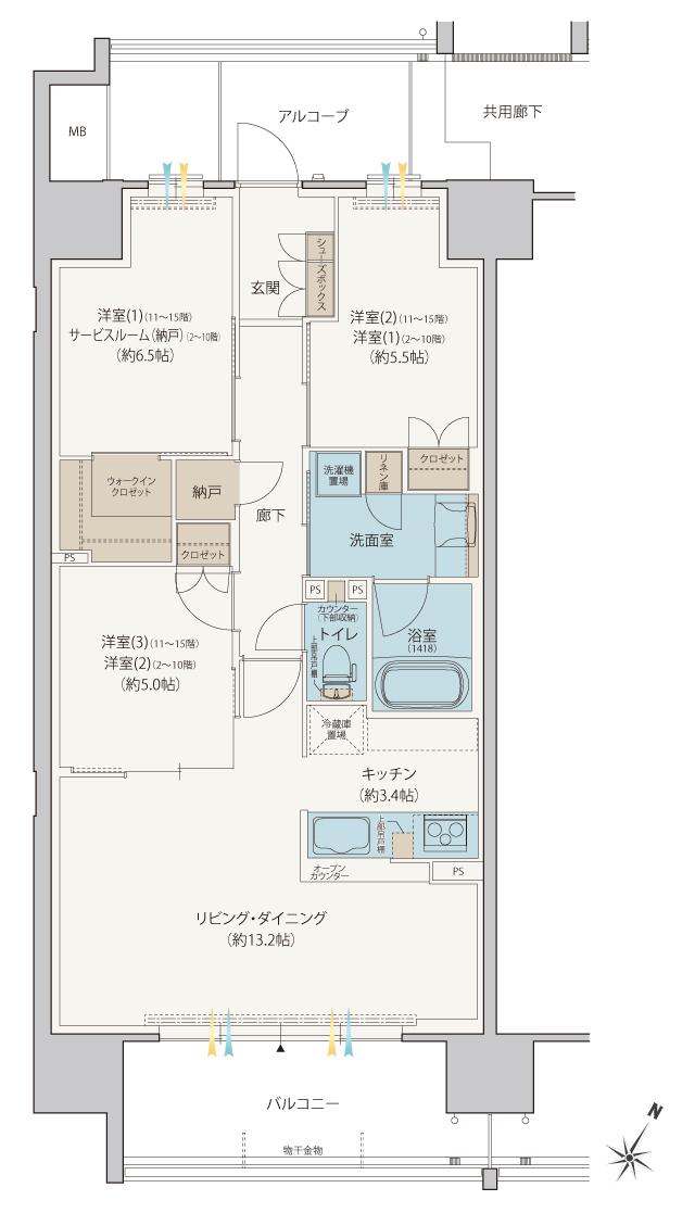 シエリアシティ星田駅前の間取り図　EA：3LDK+N+WIC/2LDK+S(納戸)+N+WIC