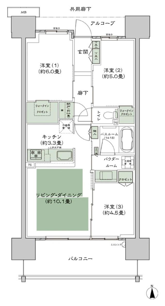 シティテラス高井田の間取り図　B1：3LDK+N+2WIC