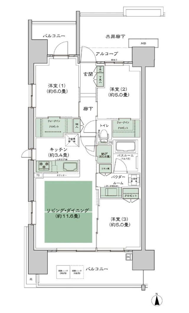 シティテラス高井田の間取り図　A：3LDK+N+2WIC