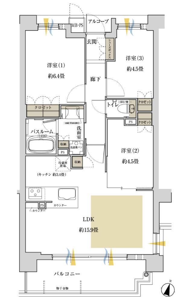 ワコーレ神戸上筒井通レジデンスの間取り図　F：3LDK