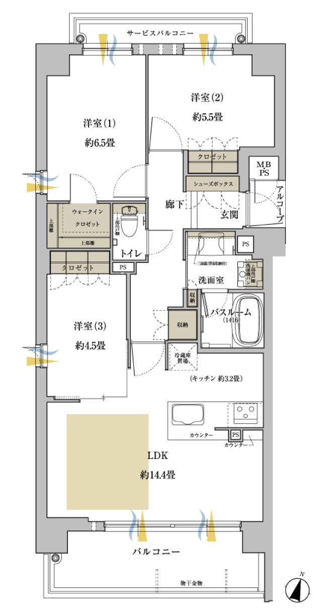ワコーレ神戸上筒井通レジデンスの間取り図　A：3LDK