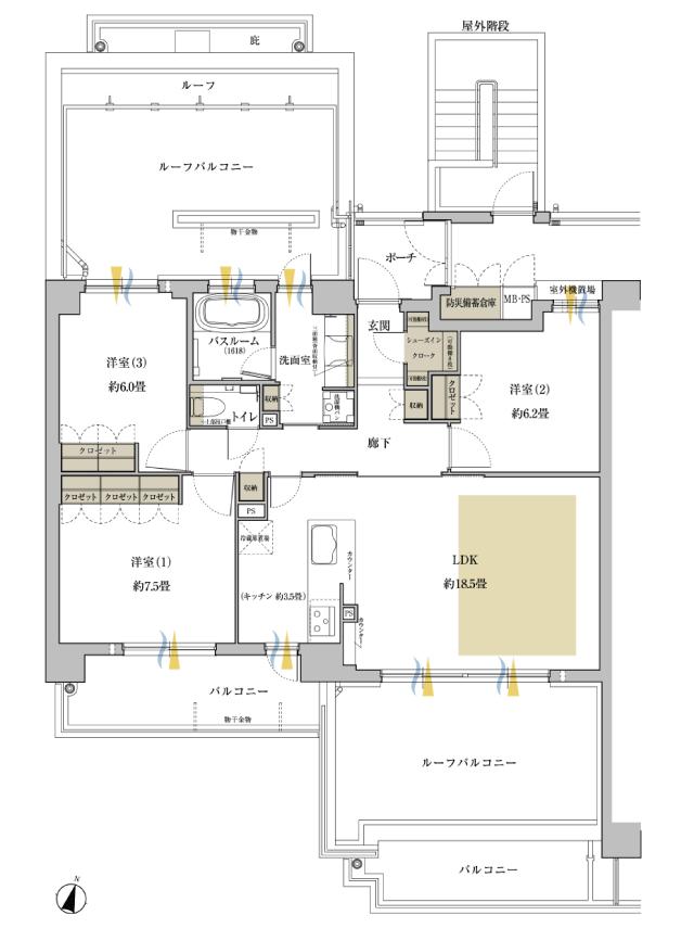 ワコーレ神戸上筒井通レジデンスの間取り図　E：3LDK