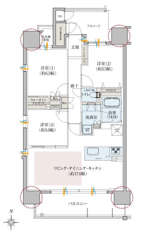 レ・ジェイド南港 HANA-TERRACEの間取り図　A：3LDK+WIC