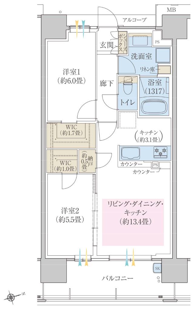 ヴェリテ東岸和田駅前の間取り図　B：2LDK+2WIC+N