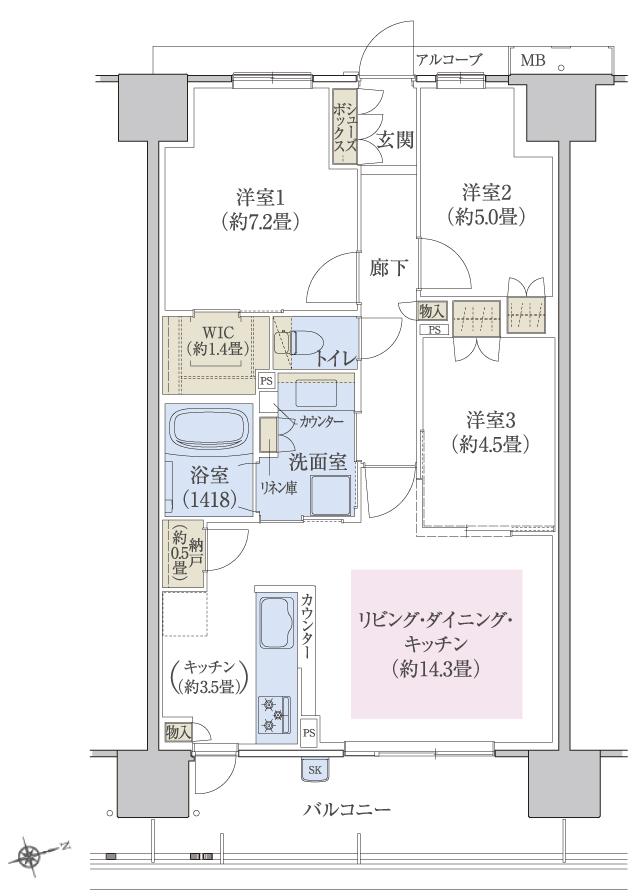 ヴェリテ東岸和田駅前の間取り図　F：3LDK+WIC+N