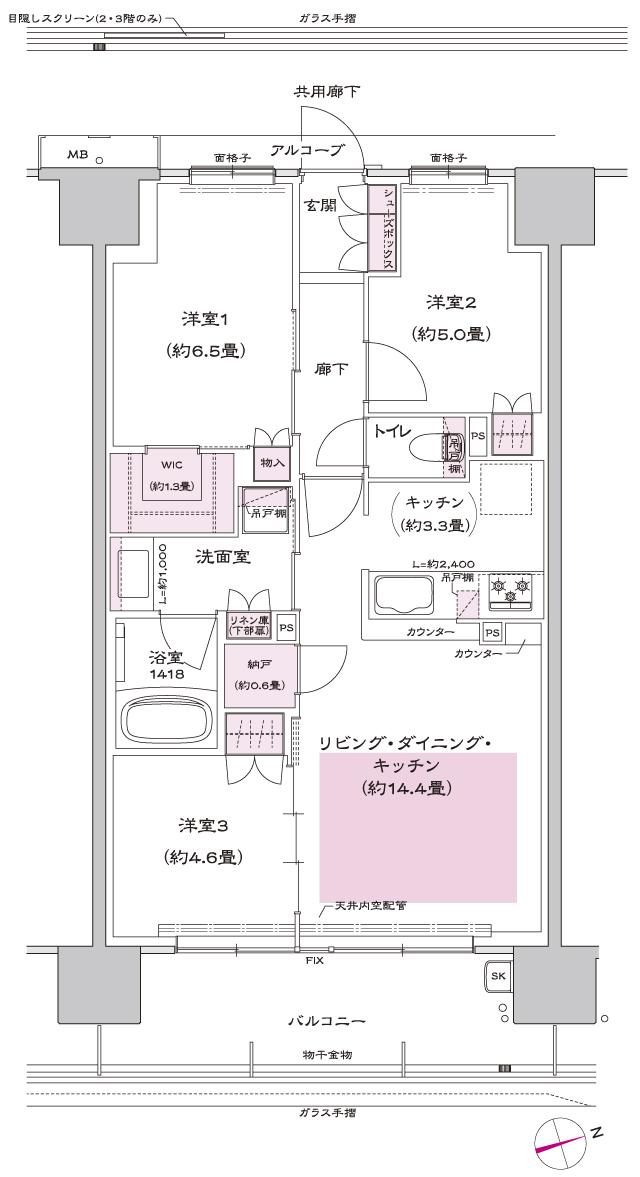 ヴェリテ東岸和田駅前の間取り図　E：3LDK+WIC+N