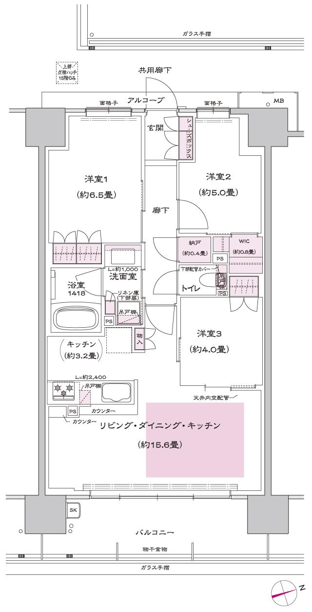 ヴェリテ東岸和田駅前の間取り図　H：3LDK+WIC+N