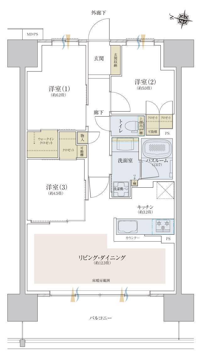 ザ・ライオンズ西九条の間取り図　B：3LDK+WIC