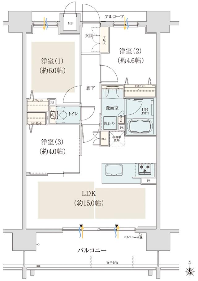 レジデンシャル御堂筋あびこの間取り図　B：3LDK