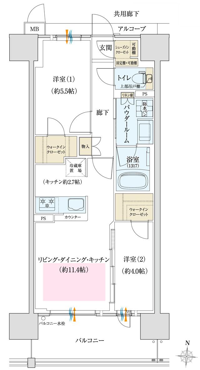 リベールシティ守口の間取り図　B：2LDK+2WIC+SIC