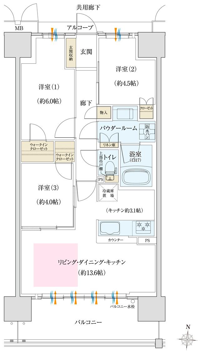 リベールシティ守口の間取り図　C：3LDK+2WIC