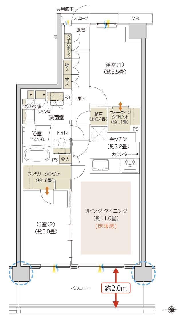 ハイムスイート京都 太秦天神川の間取り図　A5：2LDK+N+FC+WIC