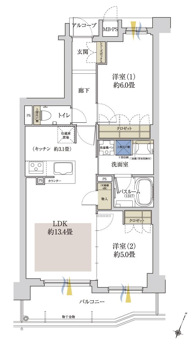 ワコーレ住吉グランフィールズの間取り図　K：2LDK