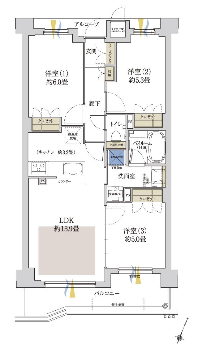 ワコーレ住吉グランフィールズの間取り図　N：3LDK