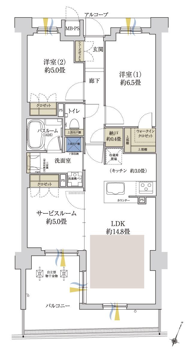 ワコーレ住吉グランフィールズの間取り図　G：2LDK+S+N