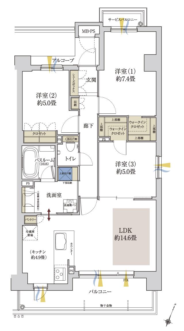 ワコーレ住吉グランフィールズの間取り図　S：3LDK