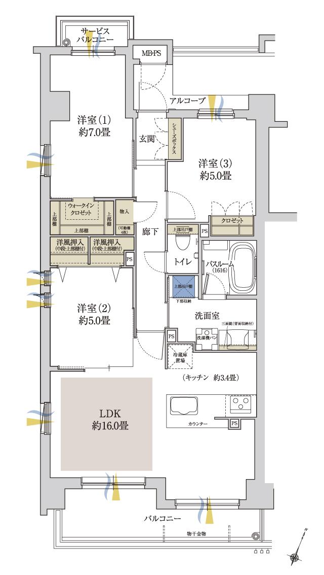 ワコーレ住吉グランフィールズの間取り図　J：3LDK