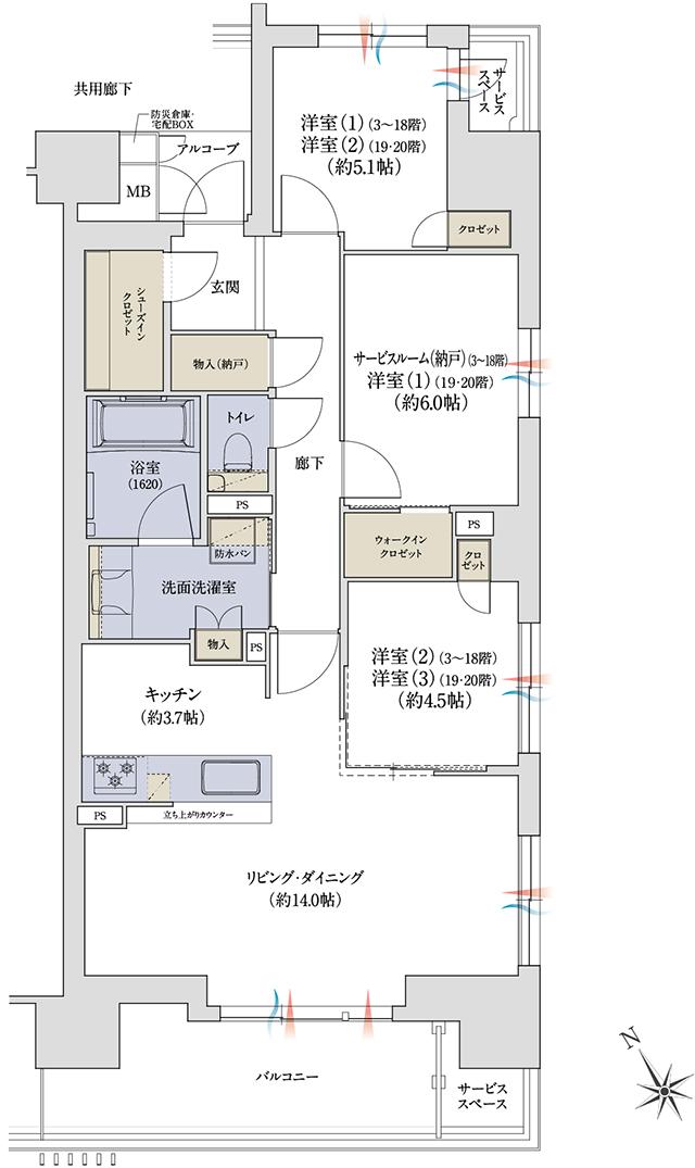 ジオ神戸相生町の間取り図　F：2LDK+S+WIC+SIC