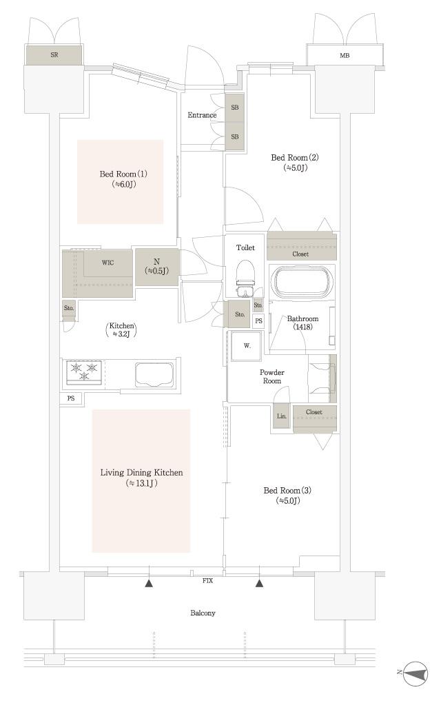 リバーガーデン千林大宮の間取り図　C：3LDK+WIC+N+SR