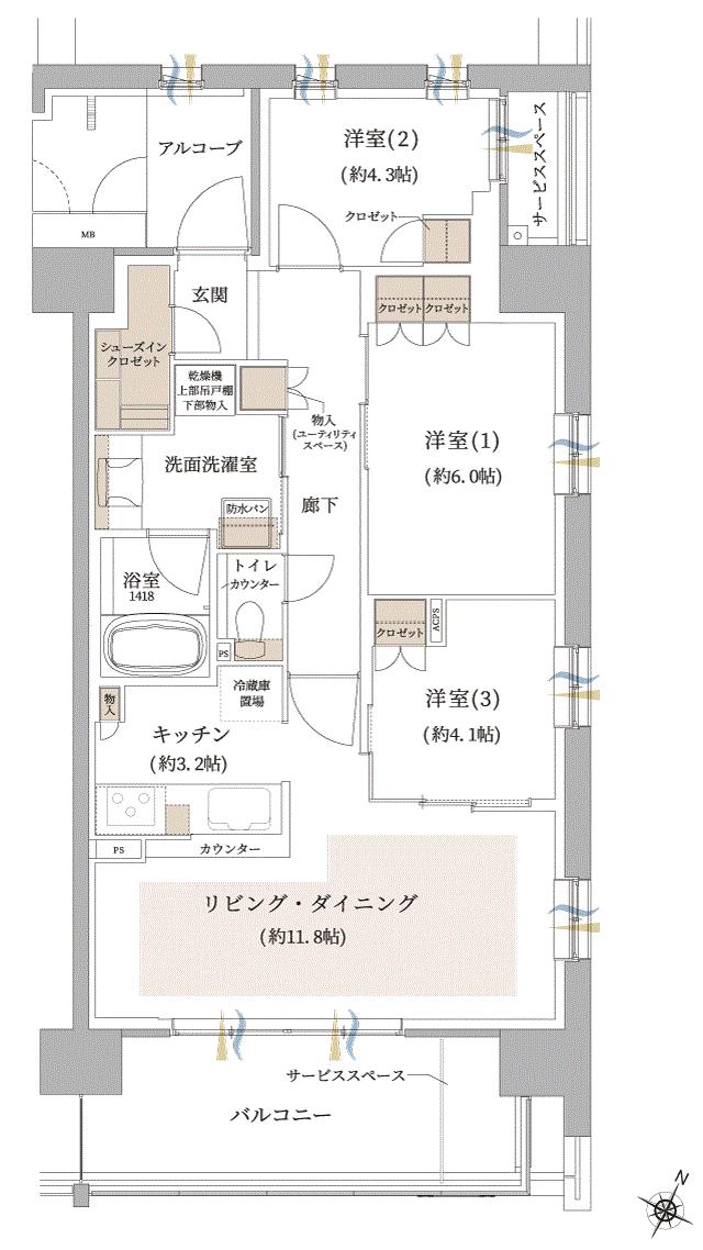 ジオ東灘青木の間取り図　I：3LDK+SIC