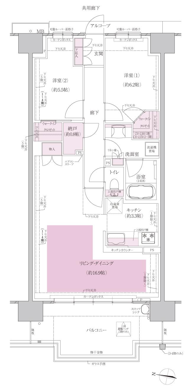 クレヴィアシティ西神中央の間取り図　W-Bメニュー1：2LDK+N+2WIC