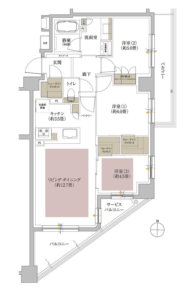 Brillia(ブリリア) 西宮北口 The Residenceの間取り図　C：3LDK+2WIC+SIC