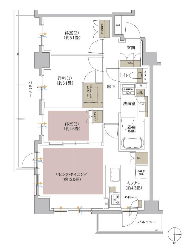 Brillia(ブリリア) 西宮北口 The Residenceの間取り図　D：3LDK+WIC