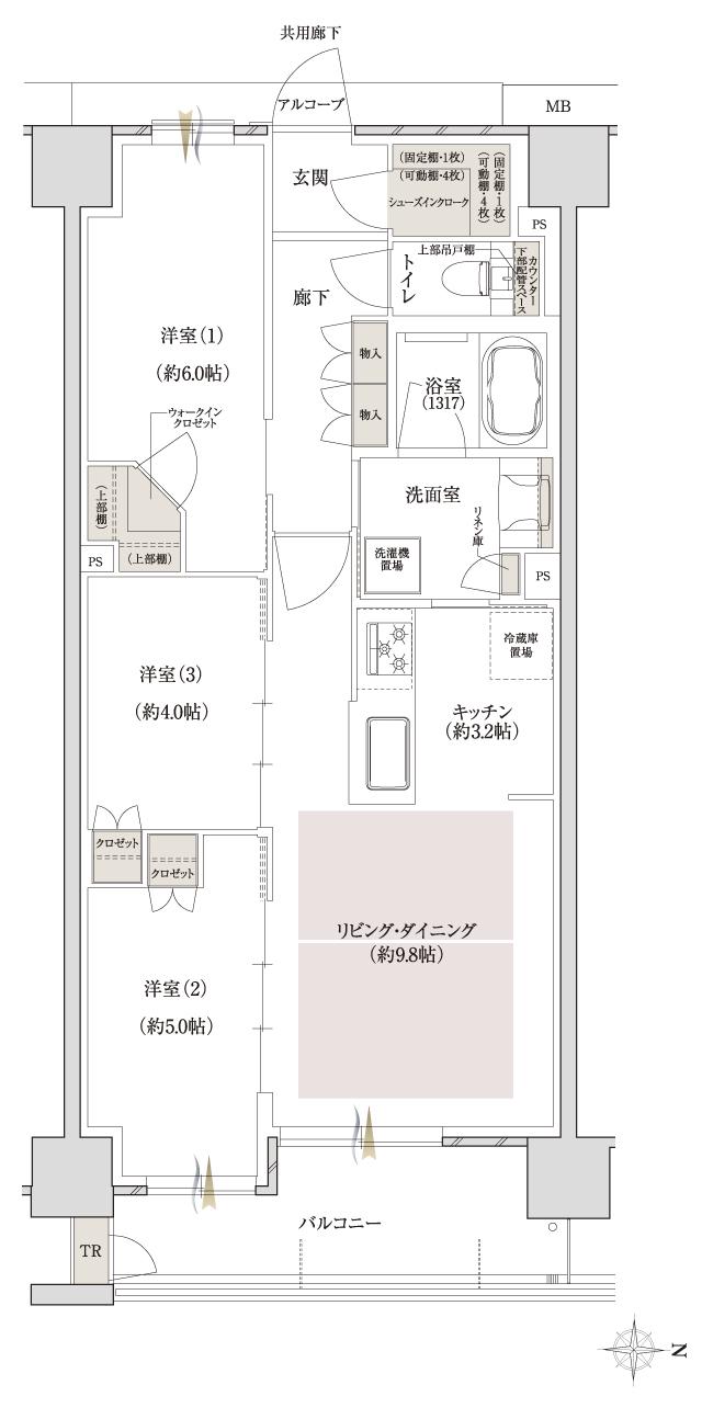 ファインレジデンス京都五条通の間取り図　F：3LDK+WIC+SIC