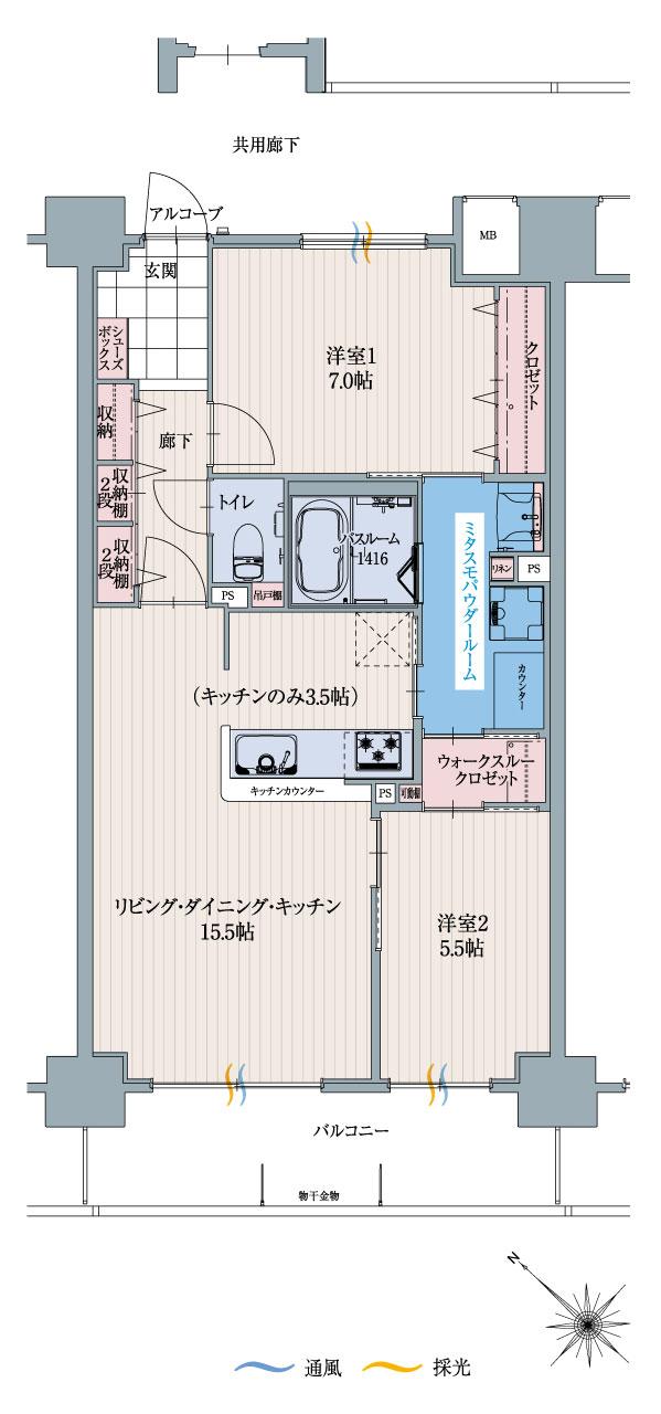 アルファリアラス西二見の間取り図　F：2LDK+mi+mo(ミタスモ)パウダールーム