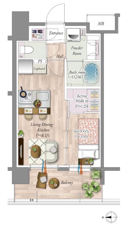 デュオヴェール南茨木の間取り図　B：1LDK+AWI+SIC