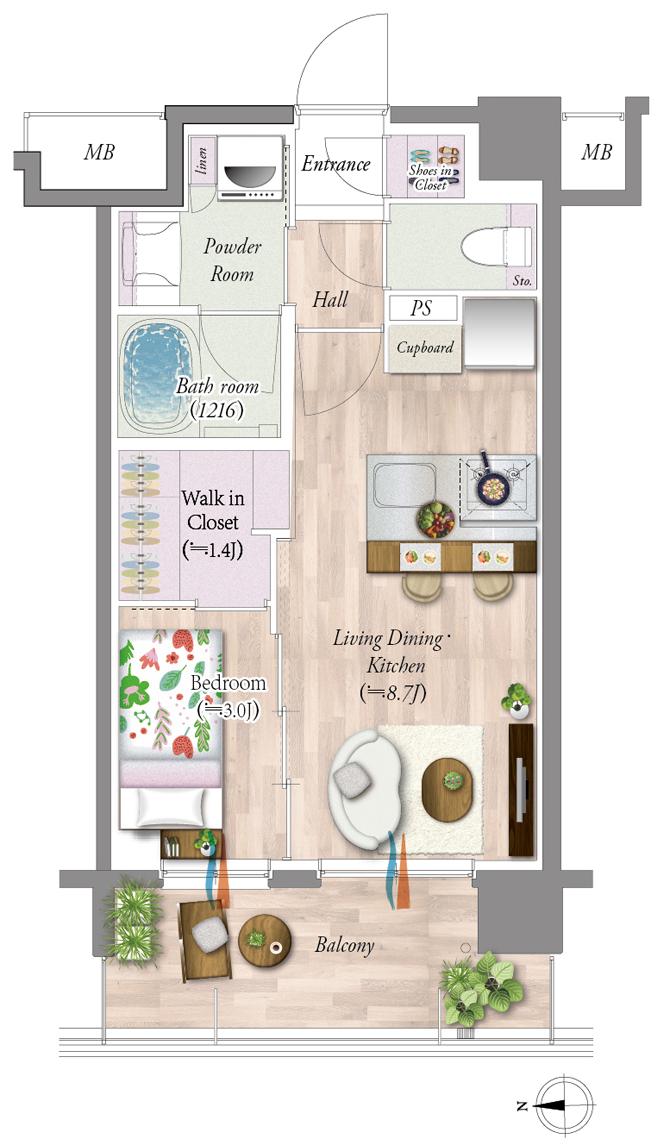 デュオヴェール南茨木の間取り図　C：1LDK+AWI+SIC