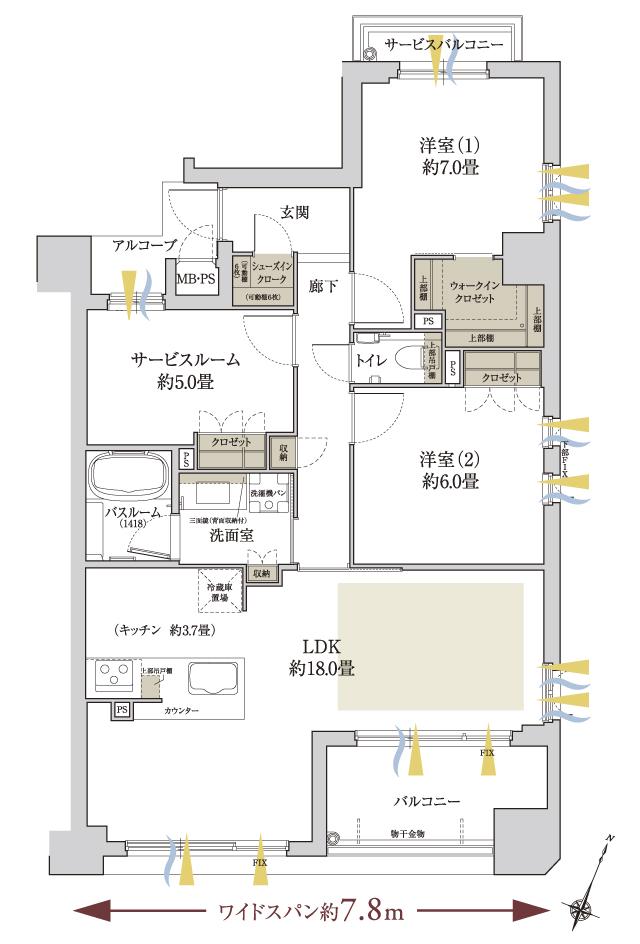 ワコーレ住吉マスターズスイートの間取り図　E：2LDK+S