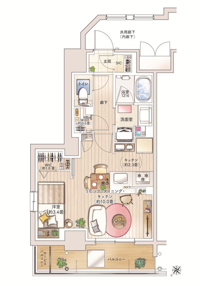 ヴェリテモア大阪梅田の間取り図　A：1LDK+2WIC+SIC