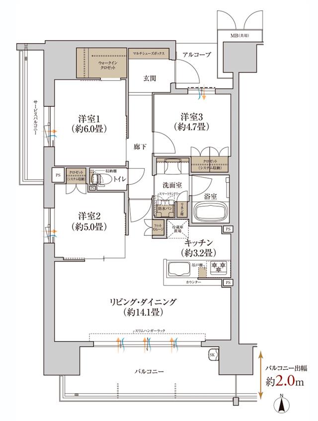 ローレルコートあびこBAUSの間取り図　A：3LDK+WIC