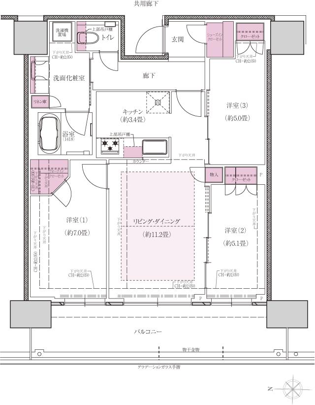 プラウドタワー神戸垂水の間取り図　74WI：3LDK+WIC+SIC