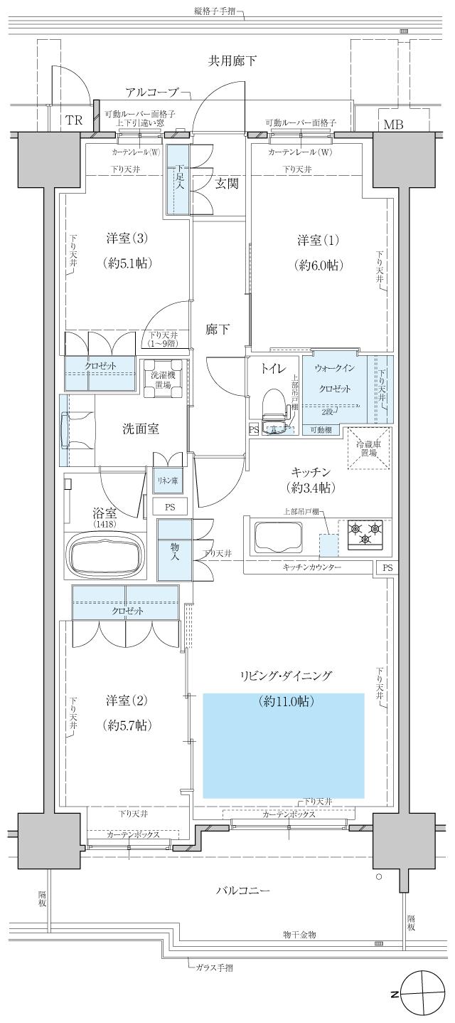 クレヴィアシティ神戸舞子駅前の間取り図　AE：3LDK＋WIC