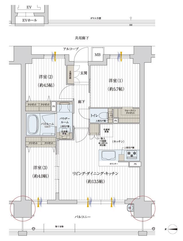 プレサンス ロジェ 鶴見緑地公園 フロントの間取り図　B：3LDK+WIC