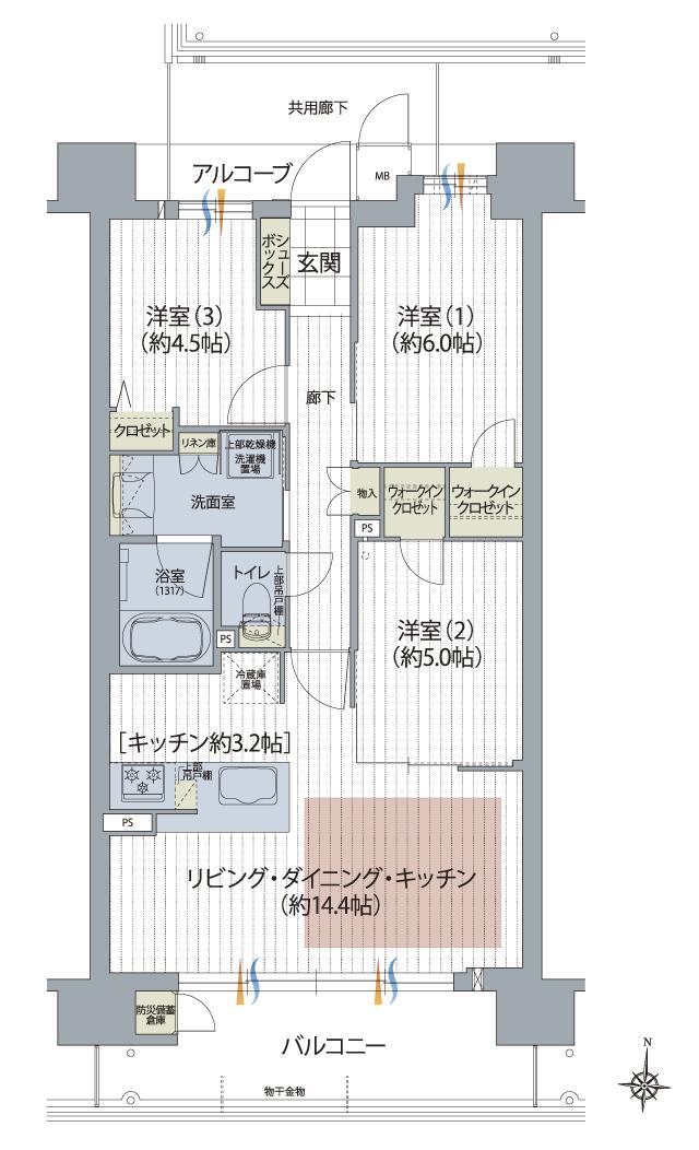 ラシュレ枚方の間取り図　E：3LDK+2WIC