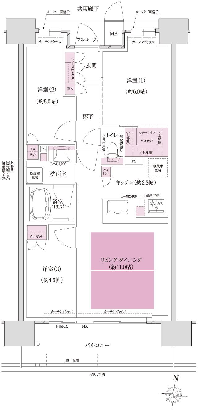ファインレジデンス住道駅前(すごい駅前プロジェクト)の間取り図　N：3LDK+WIC+P