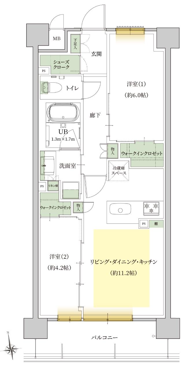 ソルティア京都宝ヶ池の間取り図　C：2LDK+ウォークインクロゼット×2+シューズクローク