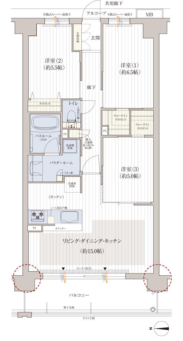 プレサンス ロジェ 京都御所西 桜雅邸の間取り図　C：3LDK＋2WIC