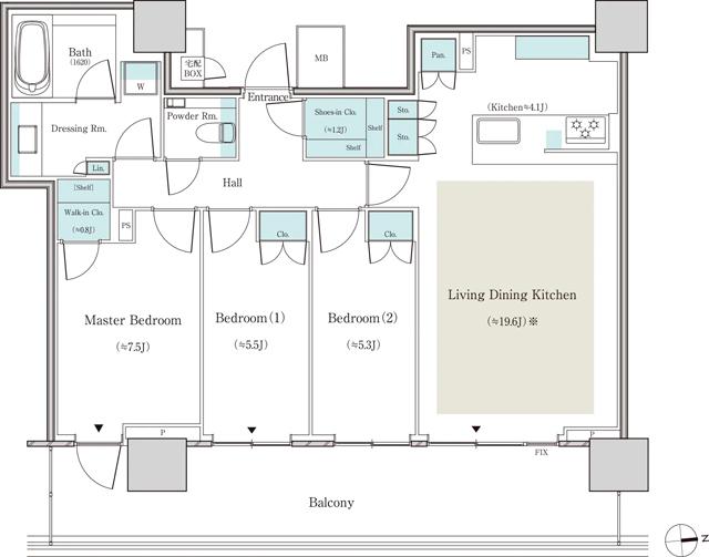 パークタワー大阪天満橋の間取り図　E-86Q：3LDK＋WIC＋SIC＋TB