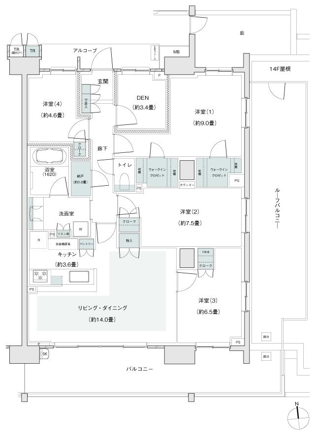 パークホームズ伊丹稲野ガーデンスクエア パークフロントの間取り図　108Acr：4LDK+DEN+2WIC+N