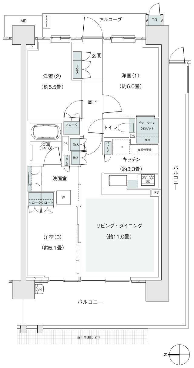 パークホームズ伊丹稲野ガーデンスクエア パークフロントの間取り図　68Ae：3LDK+WIC